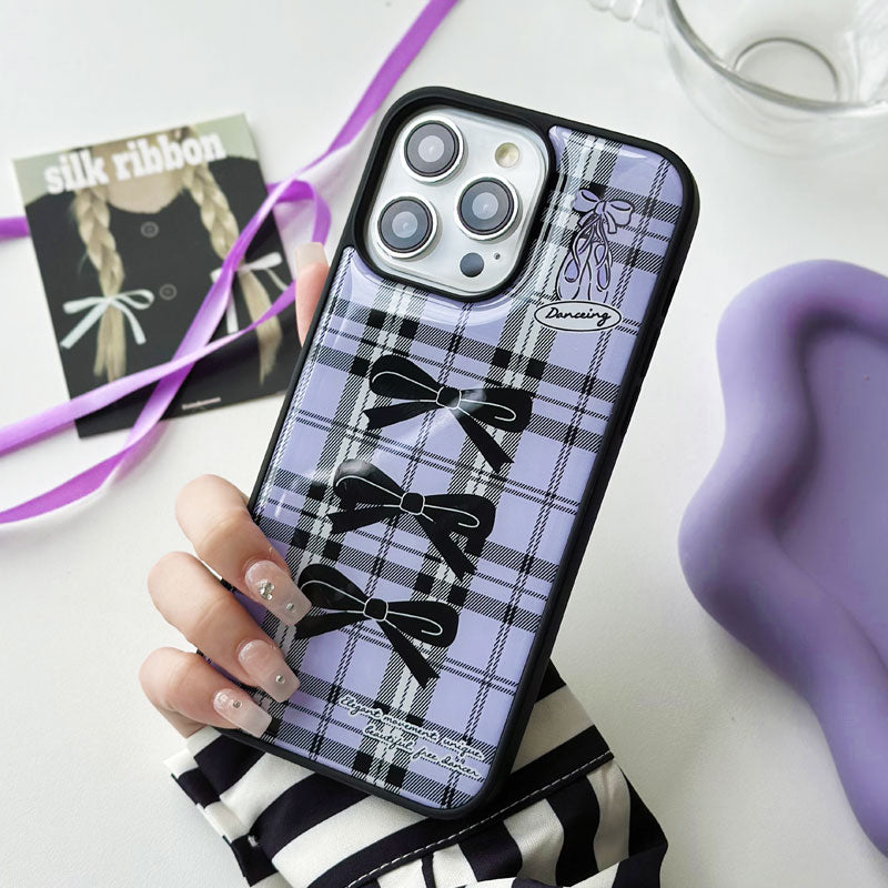 Purple Plaid Bow Resin Phone Case